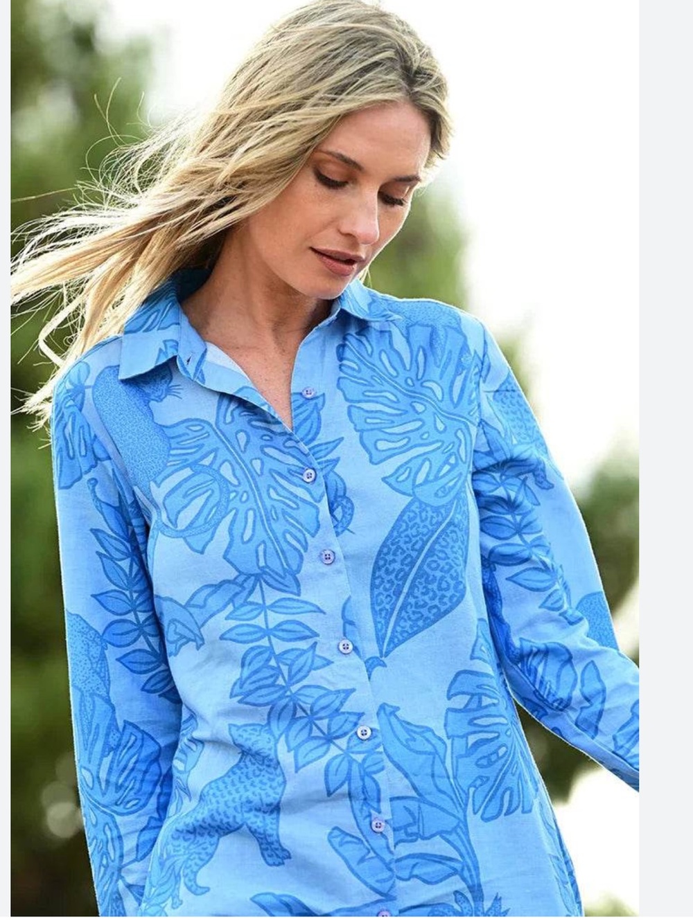 🆕 Las Surenas Leopard Leaf Print Cotton and Linen Shirt Azure Blue XLarge